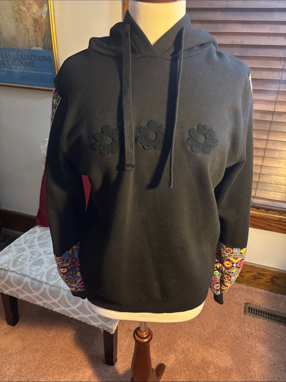 Black Hoodie Sweater with Floral Embroidered Cuffs